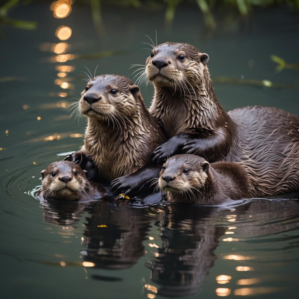 Otter with Babies Under Starlit Sky