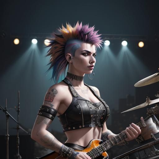 Punk rocker with multicoloured mohawk playing drums on stage...
