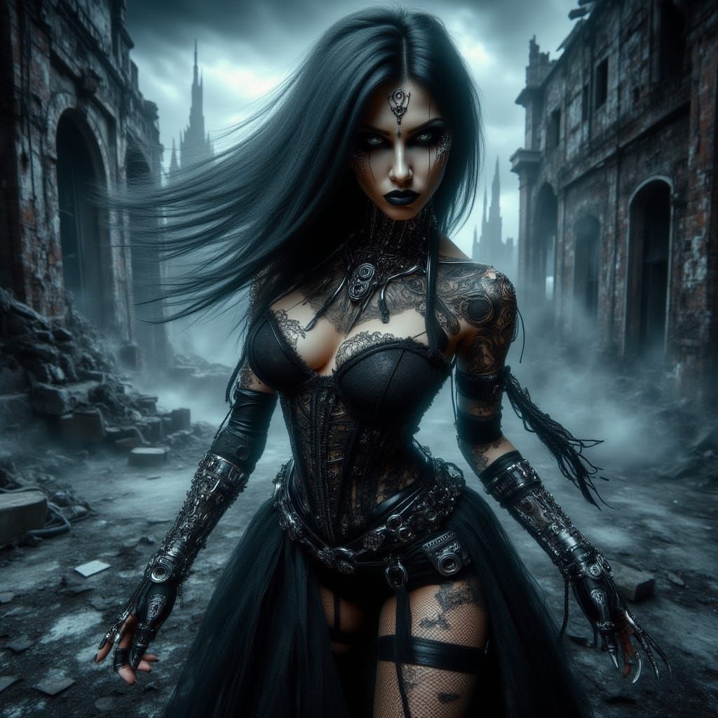 Gothcore Woman in Motion: Dark Fantasy Portrait