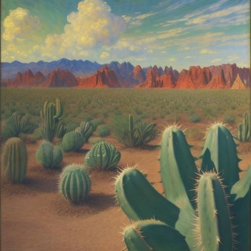 Cactus in Landscape Inspired by Art Masters