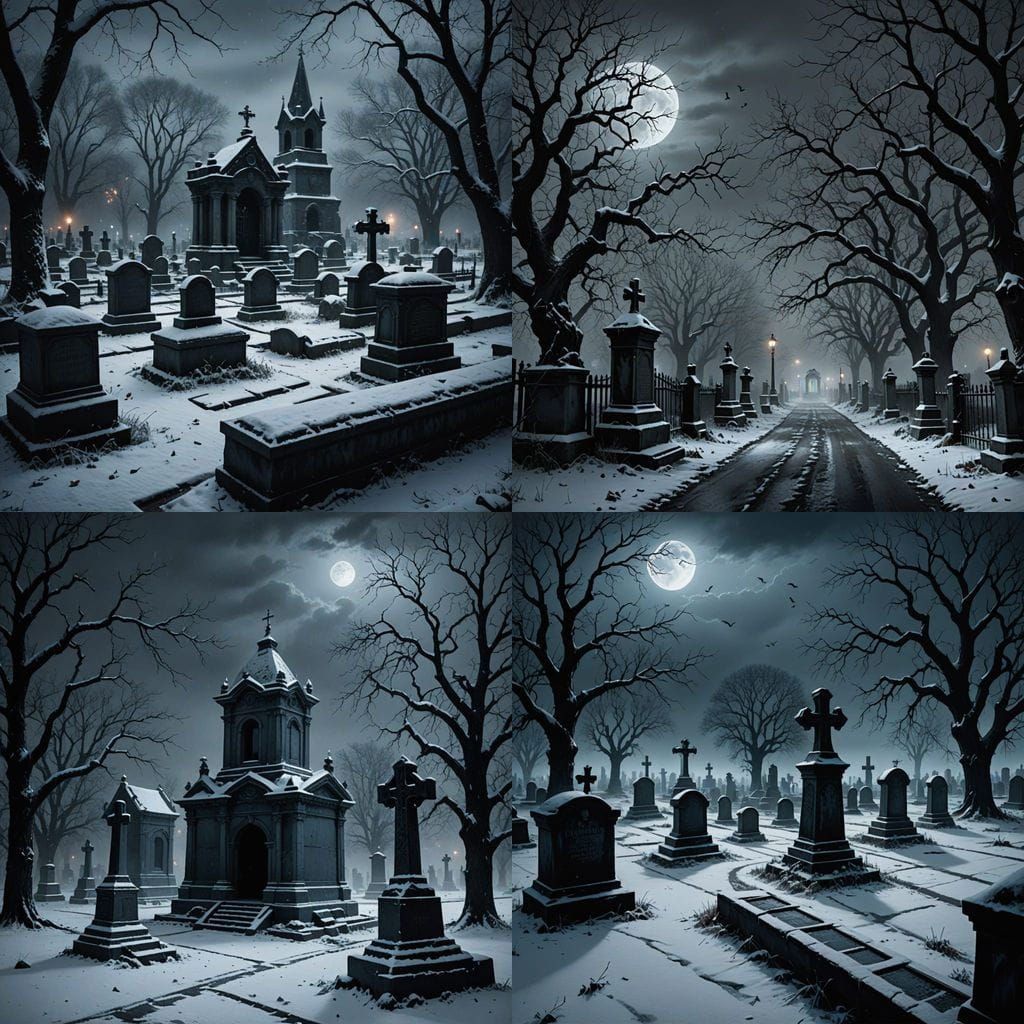 Eerie Cemetery in Snowy Blizzard Night