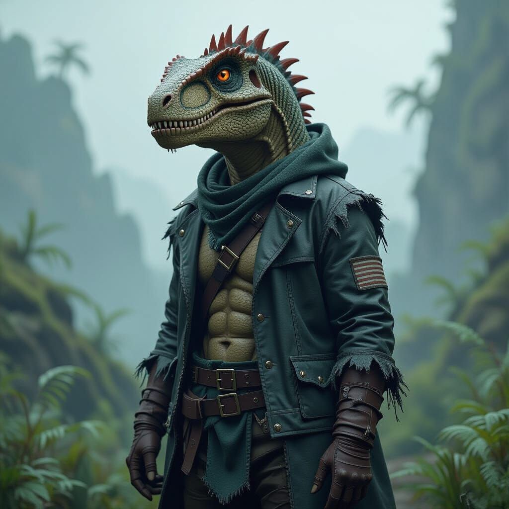 Humanoid T-Rex Creature in Moody Prehistoric Landscape