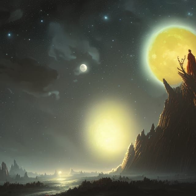 Saturn and Moon in Starry Night Sky