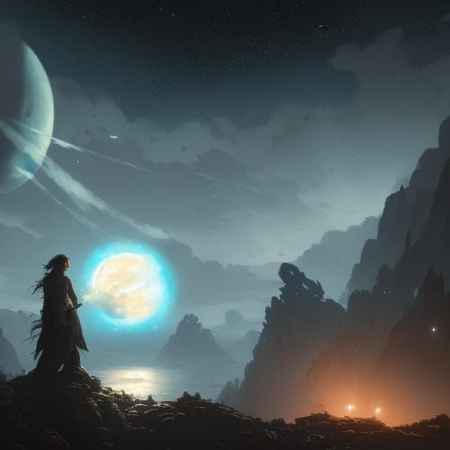 Colorful Saturn Moon in Starry Night Sky