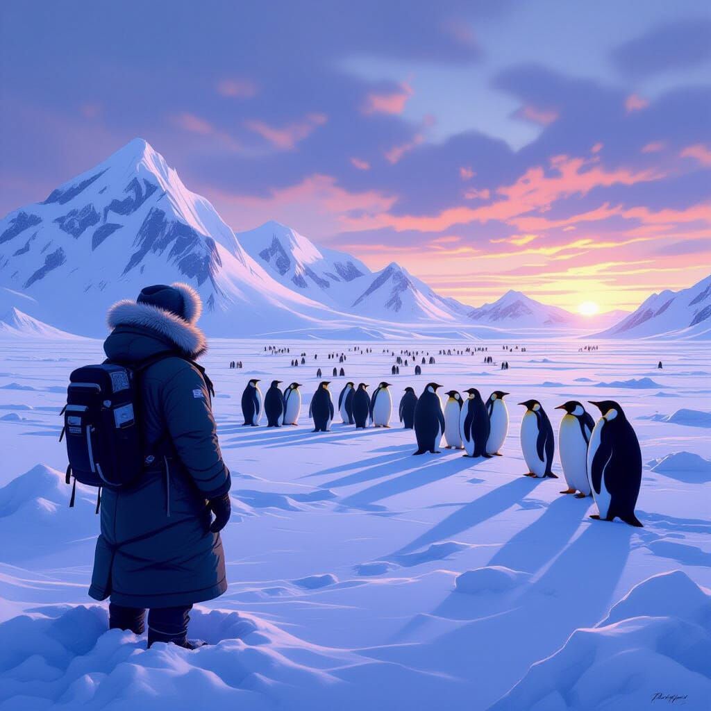 Explorer Encounters Penguins in Antarctic Twilight