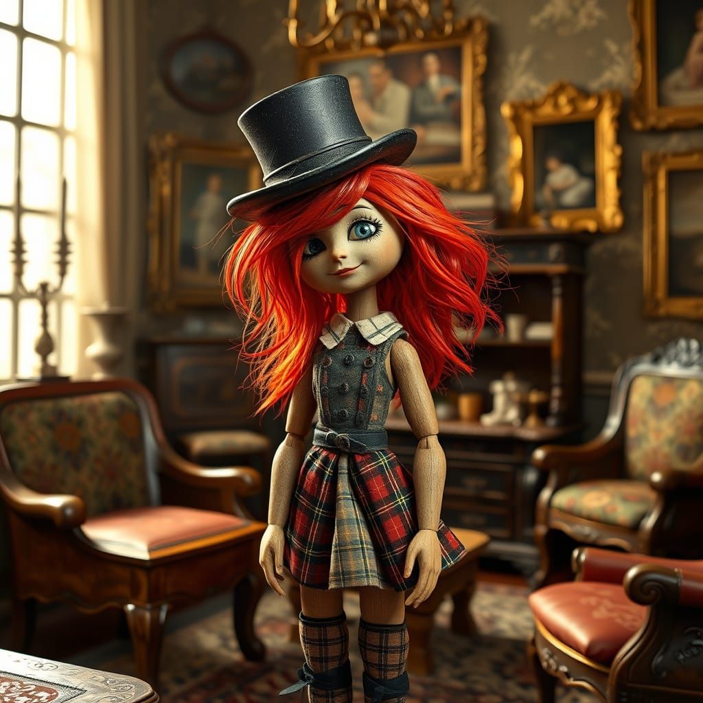 Whimsical Wooden Doll in Vintage Parlor