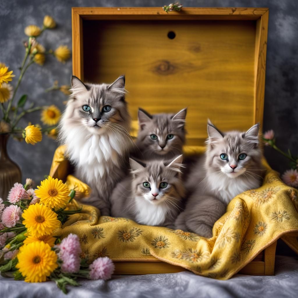 Gray Tabby Ragdoll Cat and Kittens in Box