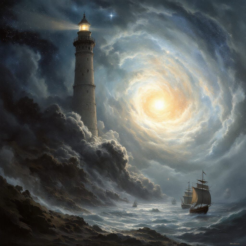 Starlight Lighthouse Guides Cloud Ships Through Stormy Galax...