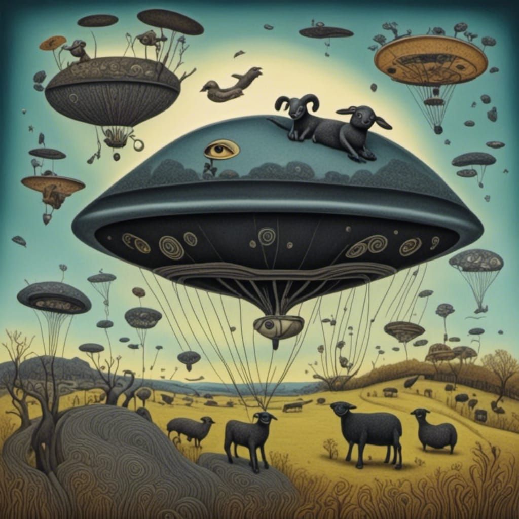 Psychedelic UFO over Sheep Farm in Charcoal Style