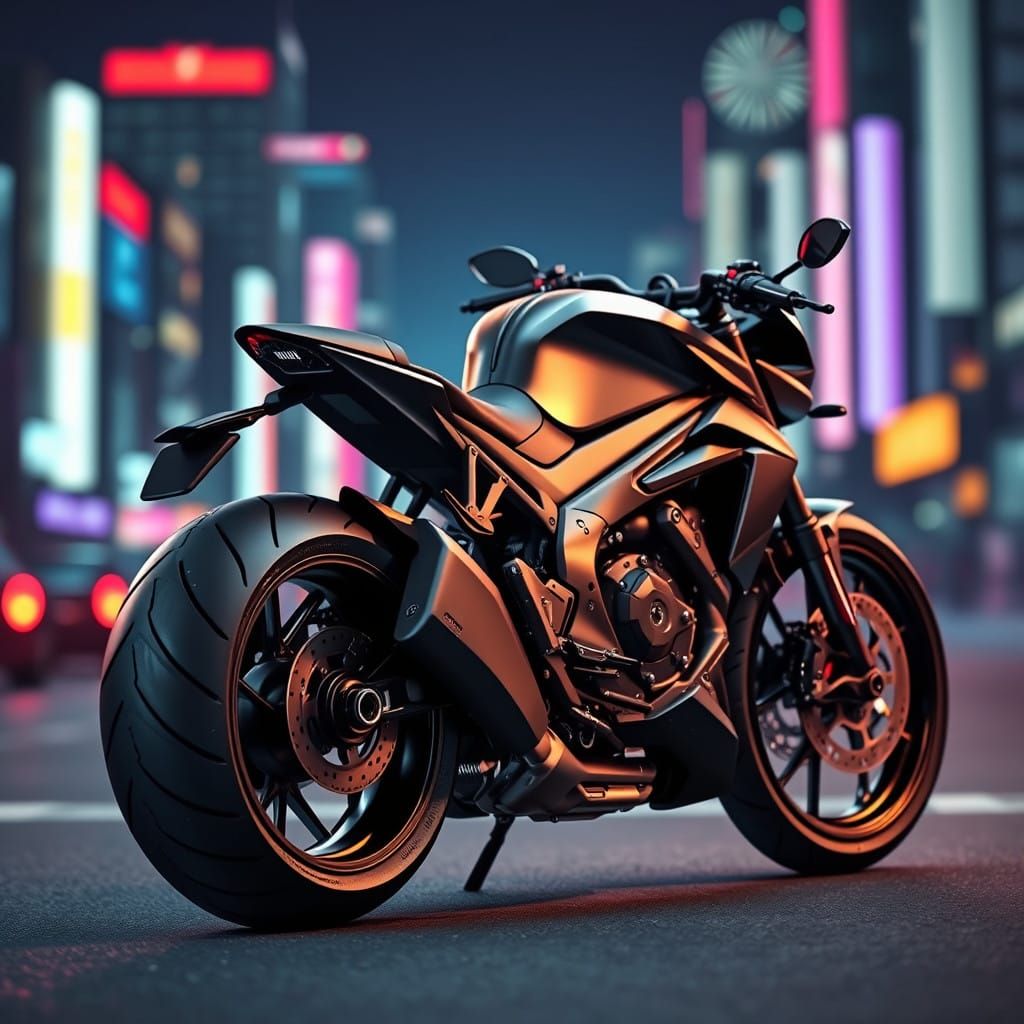 High-Tech Futuristic Motorcycle in Neon Cityscape