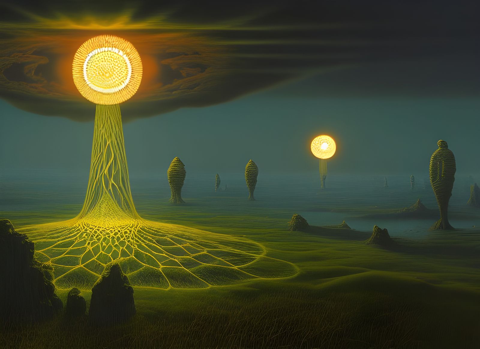 Gigantic Glowing Radiolarian Observes Idyllic Landscape