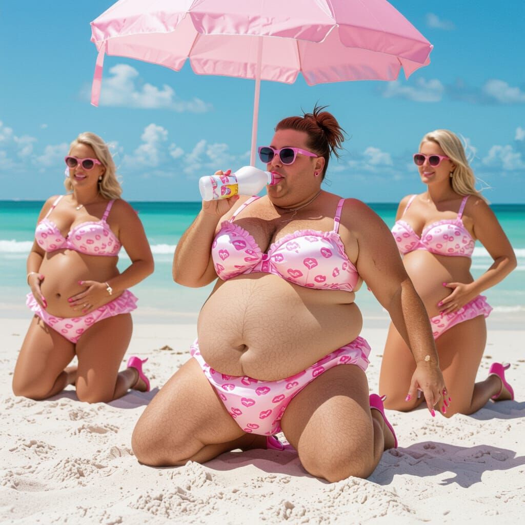 Hyperrealistic Beach Scene: Obese Figures in Unusual Attire