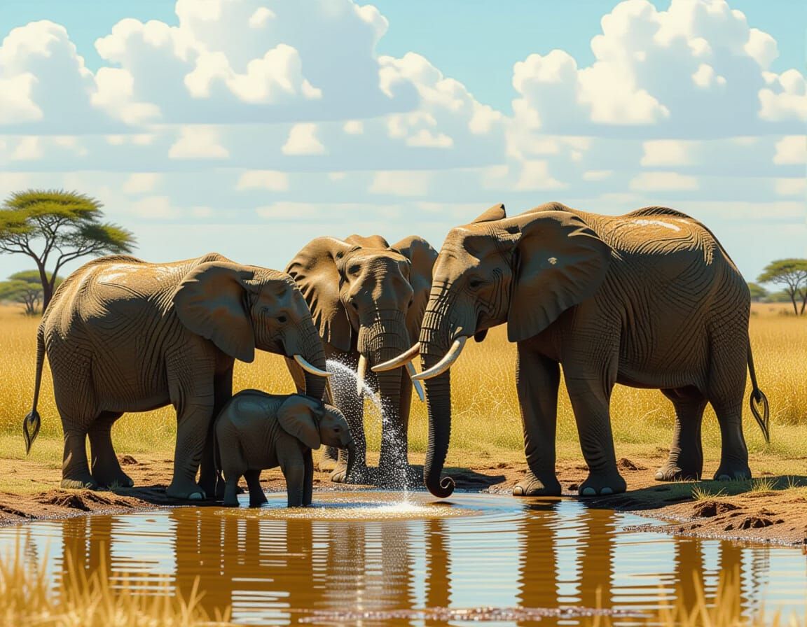 Elephants at Watering Hole: Hyperrealistic Digital Painting