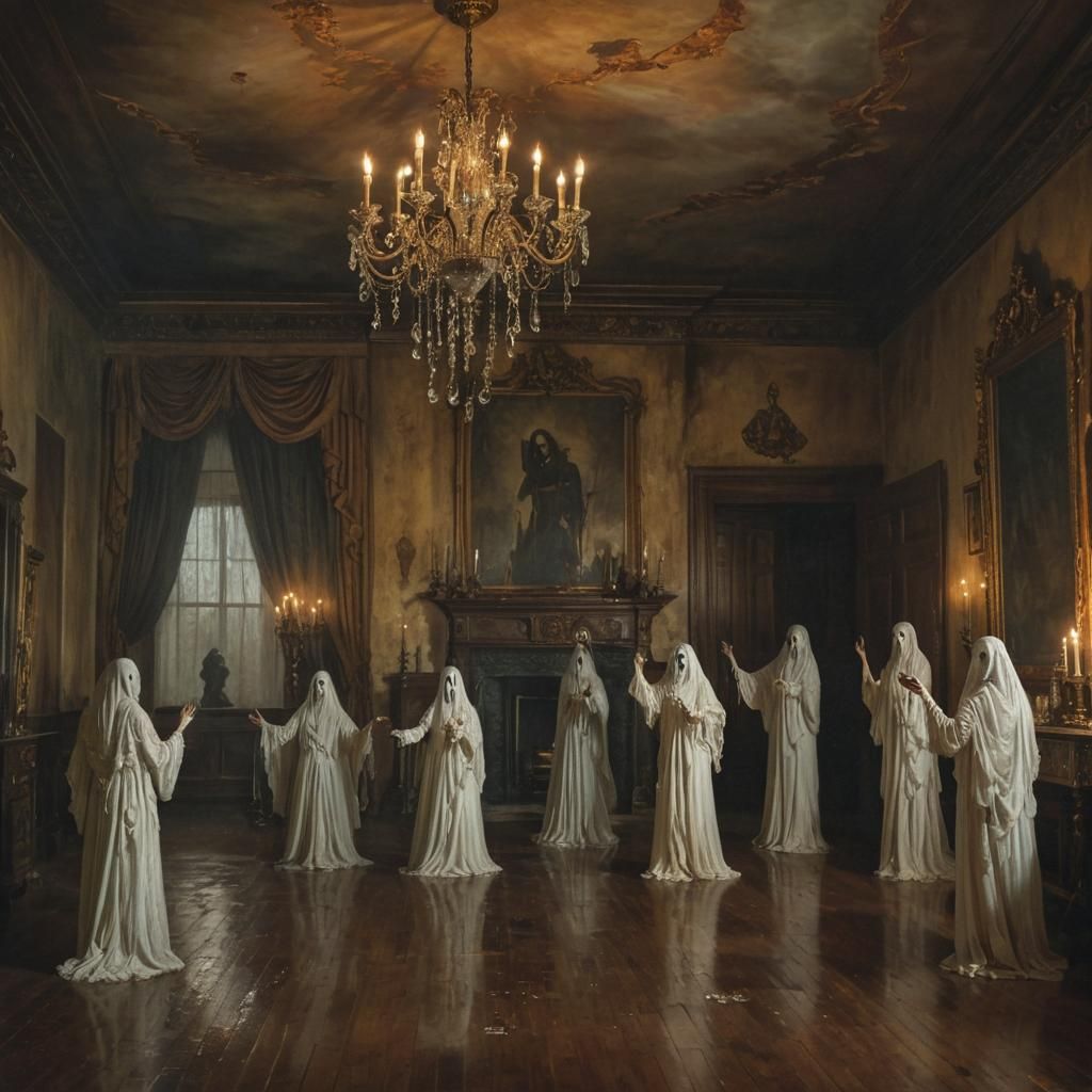 Ethereal Ghosts Dancing in Haunted House Oil Painting