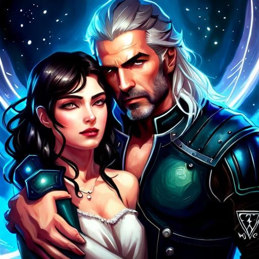 Geralt and Yennefer Embrace in Rococo Art Nouveau Style