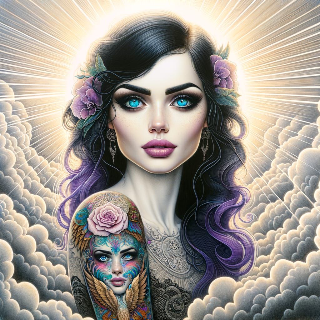 Detailed Painting of Woman with Purple Highlights and Turquo...