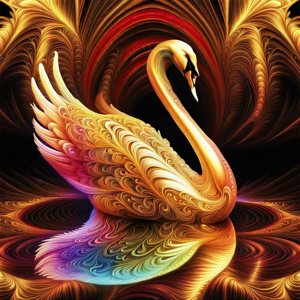 Golden Fractal Swan with Fairy in Hyperrealism