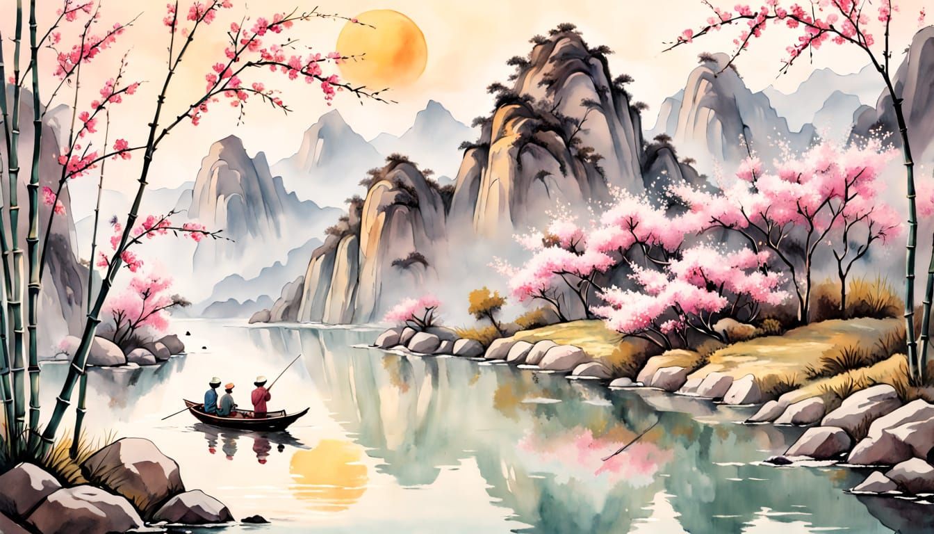 Shan Shui Style Ink and Watercolor Landscape