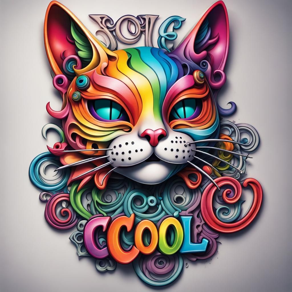 Vibrant Rainbow Cat Tattoo Graphic Design in Cel-Shaded Styl...