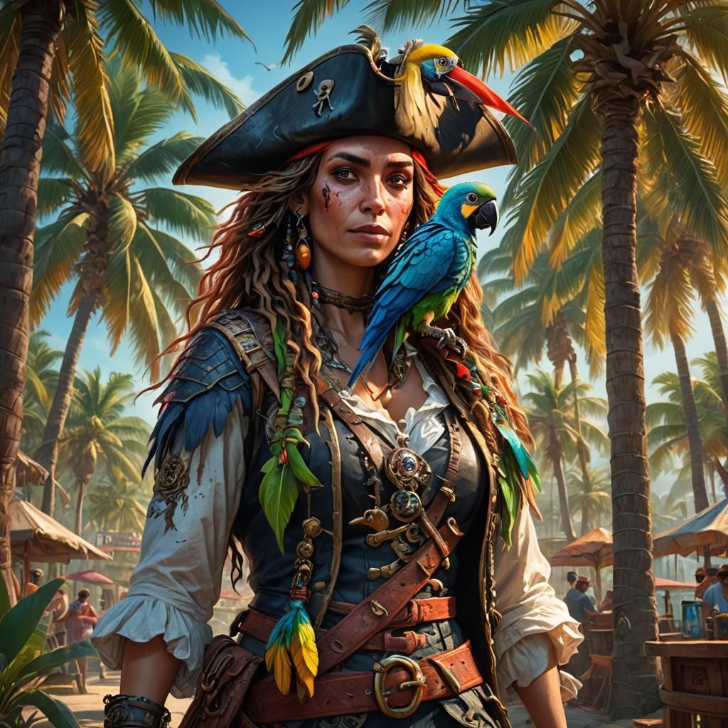 Detailed Pirate Queen Portrait with Parrot