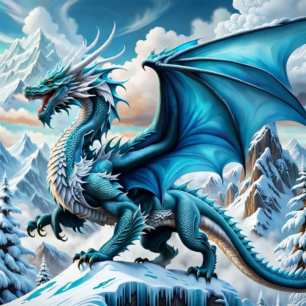 Icy Dragon Soaring Over Snowy Mountains