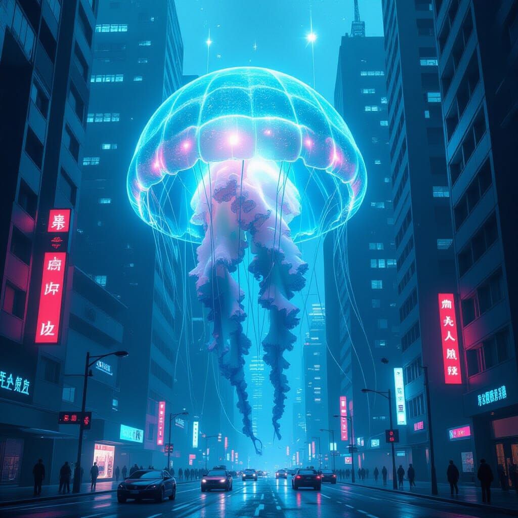 Bioluminescent Jellyfish in Neo-Brutalist Cityscape
