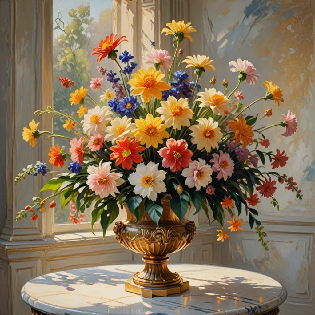 Impressionist Oil Painting of Exotic Flowers in Golden Hour