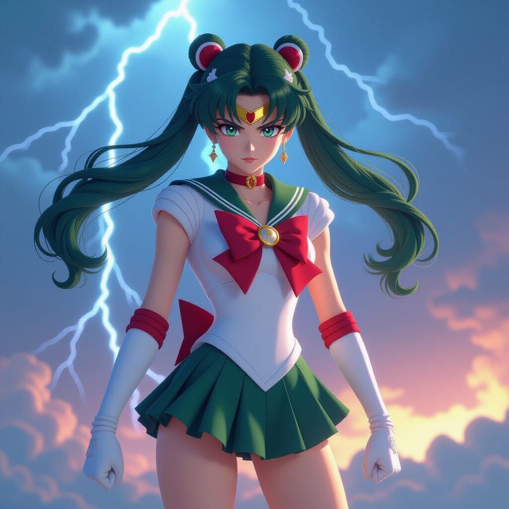 Sailor Jupiter in Stormy Sky, Hyper-Realistic Anime Style