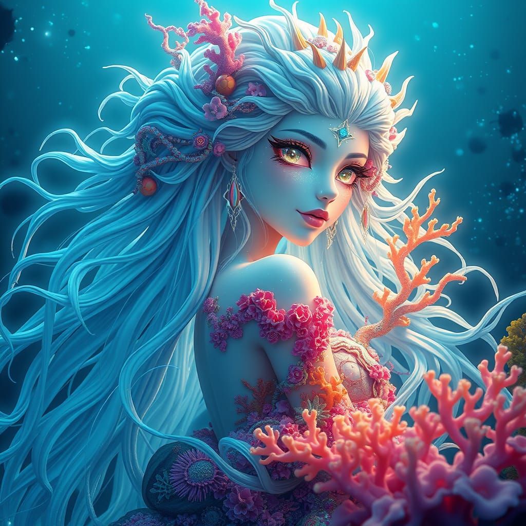 Mystical Siren of the Corrupted Coral Reef in Iridescent Bea...