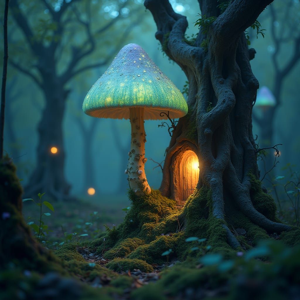Whimsical Mushroom Abode in Luminous Forest