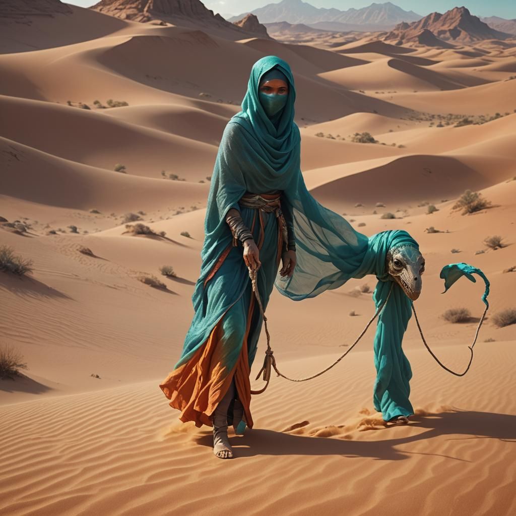 Veiled Woman Leads Creature in Desert: Fantasy Art