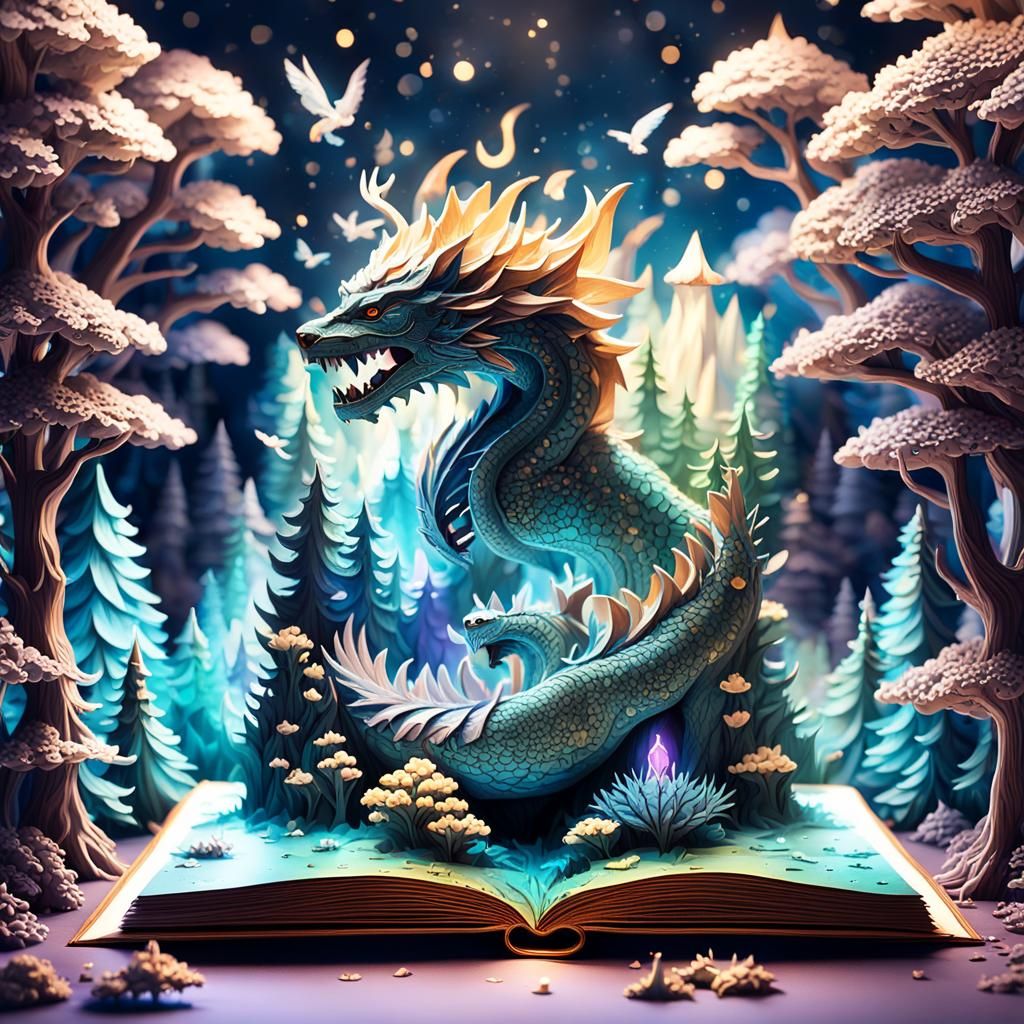 Mythical Creatures in Pop-Up Book: Fantasy Illustration