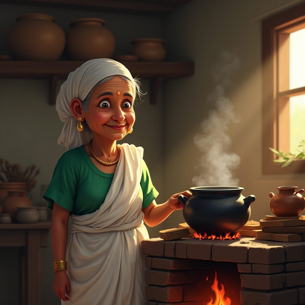 Kerala Grandmother in Kitchen, Oil Painting Style