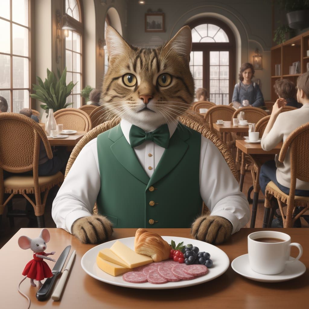 Stylish Tabby Cat in a Sunny Cafe