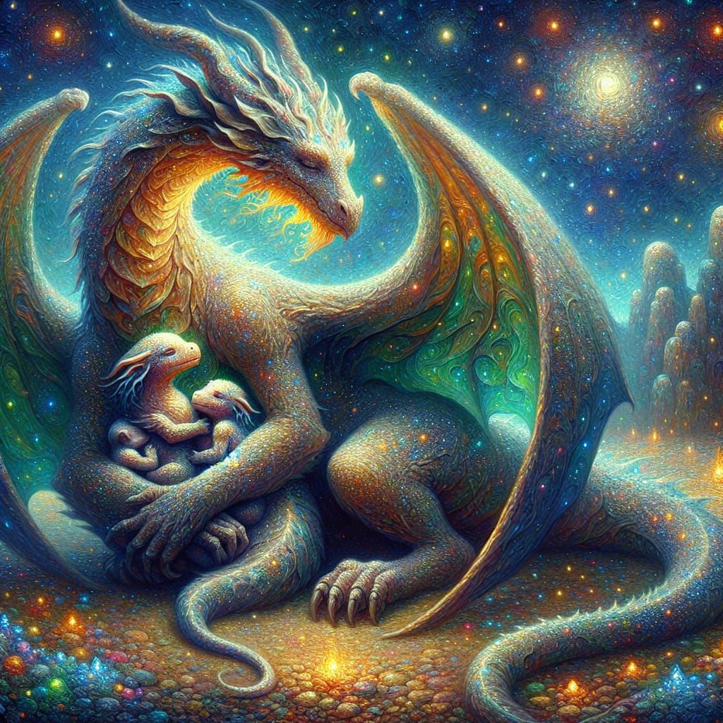 Baby Dragons' Loving Embrace: Impasto Oil Painting