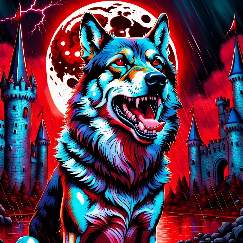 Scary Dog Howling at Blood Moon in Dark Castle