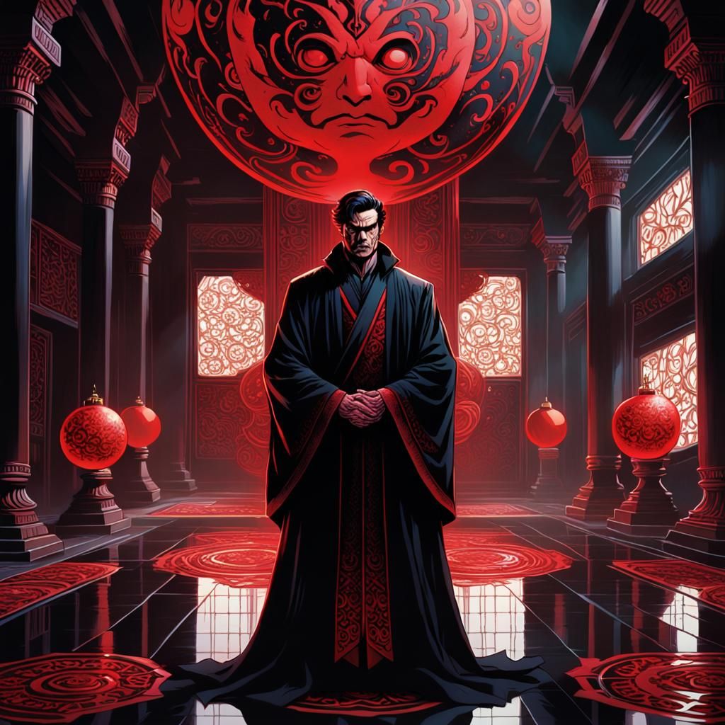 Man in Black Robe: Comic Book Art with Red Ornament