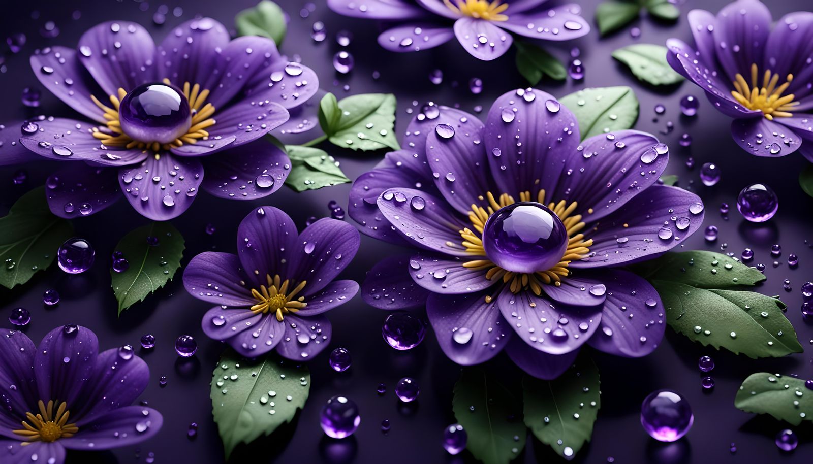 hyper realistic violet flowers, creating a circle, with dew drop gleaming