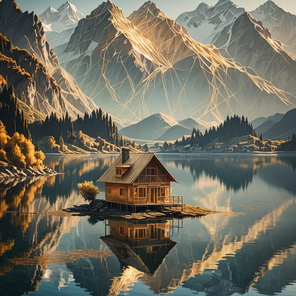 Surreal String House Reflected in Serene Lake