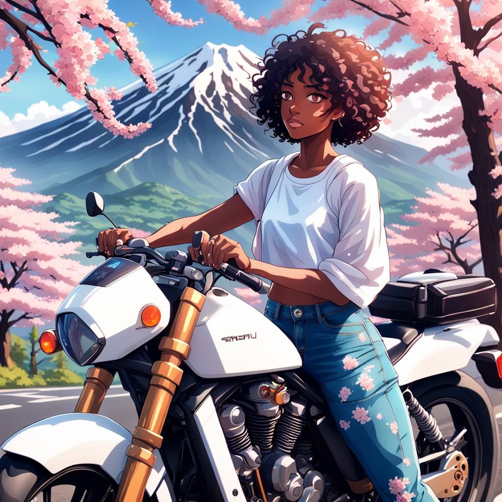 Anime Woman Motorcycle View of Mount Fuji