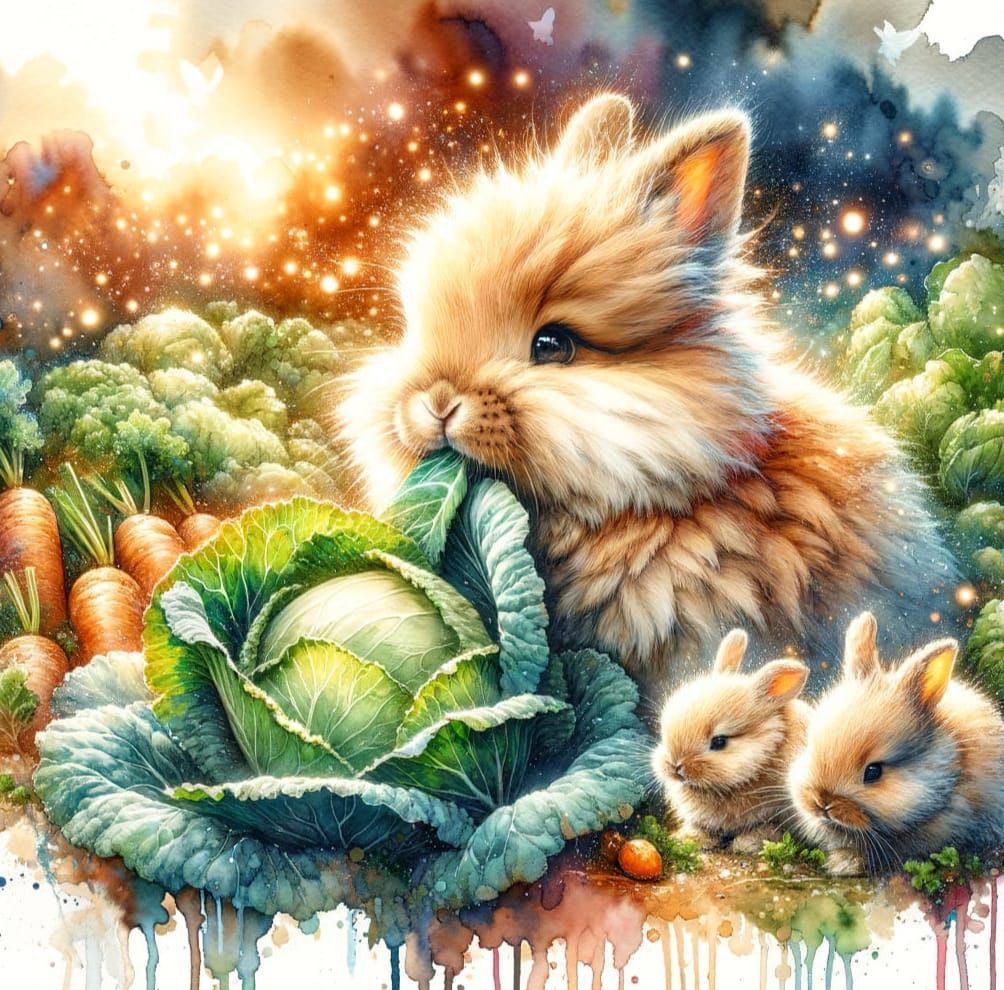 Whimsical Watercolor Bunny Scene in a Vibrant Garden