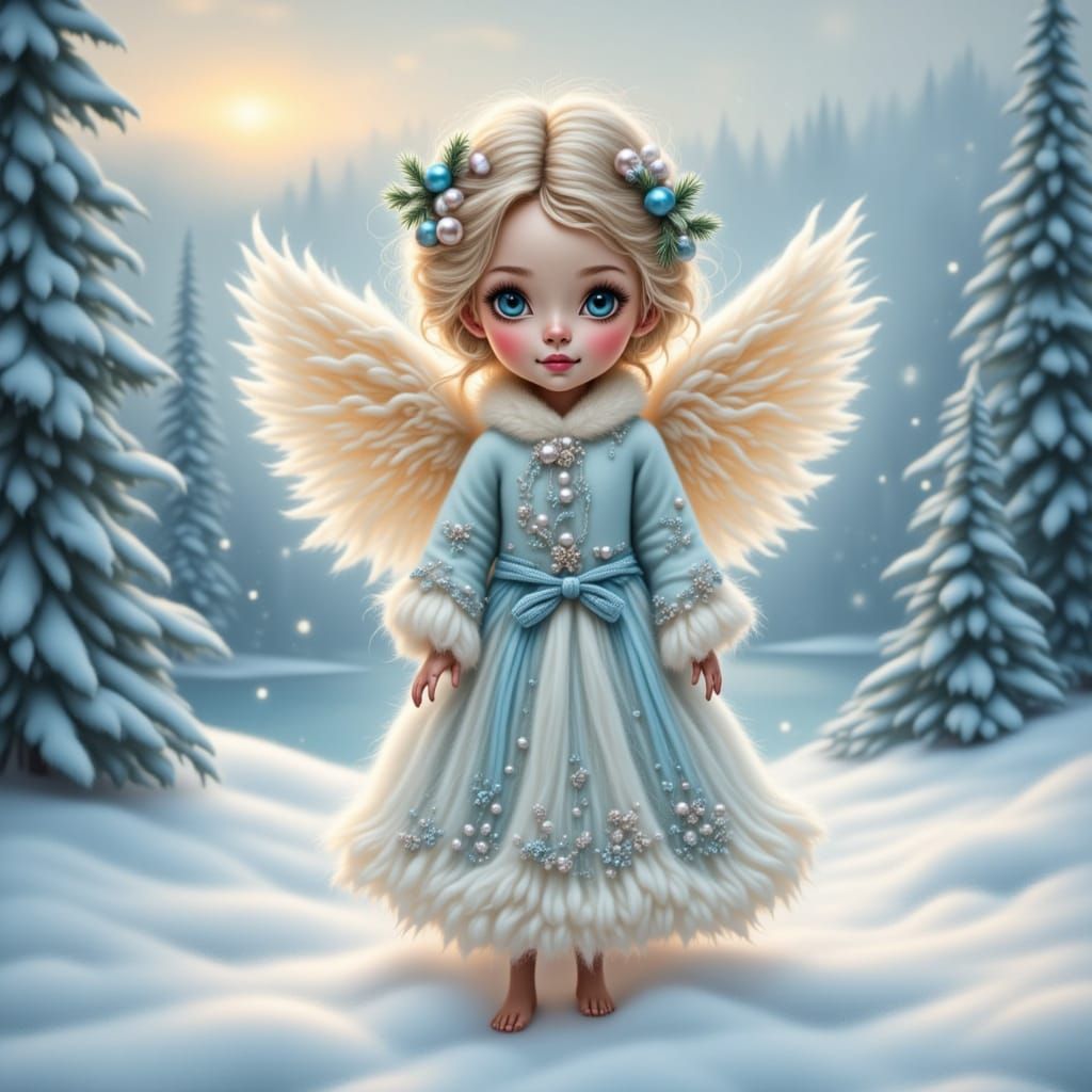 Sweet Angel with Blue Eyes and Feathered Wings in Winter