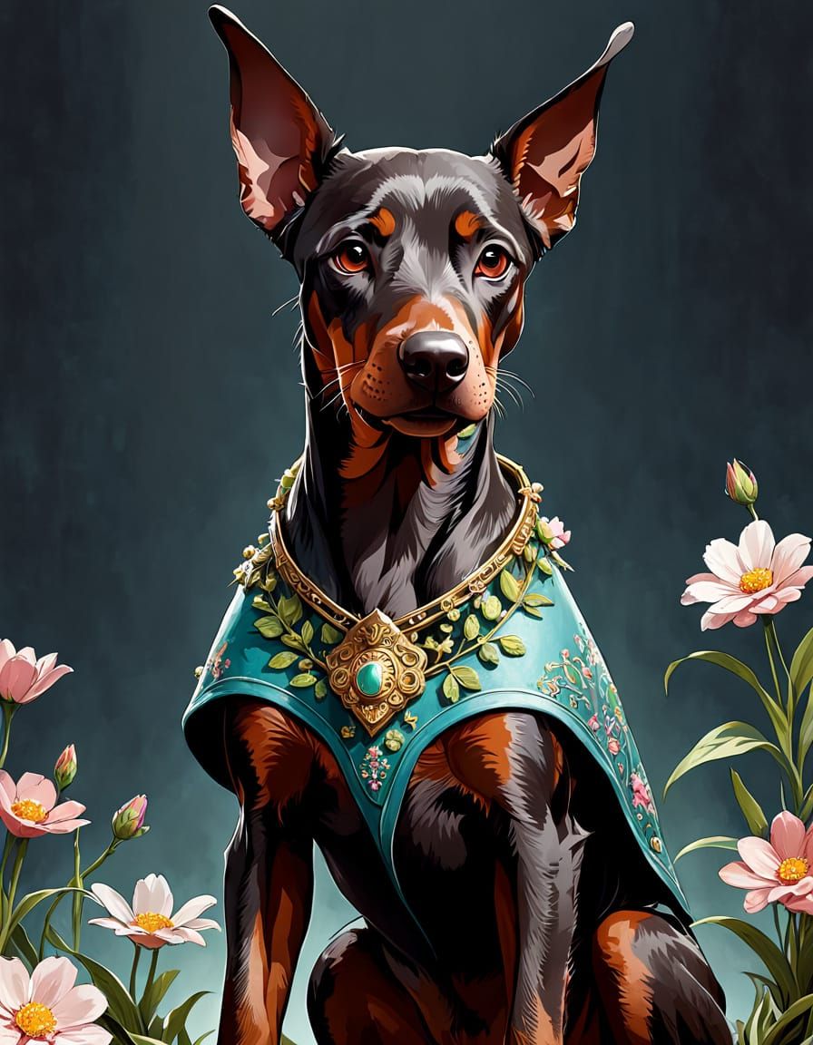 Stylized Doberman Puppy in Vibrant Floral Spring Attire