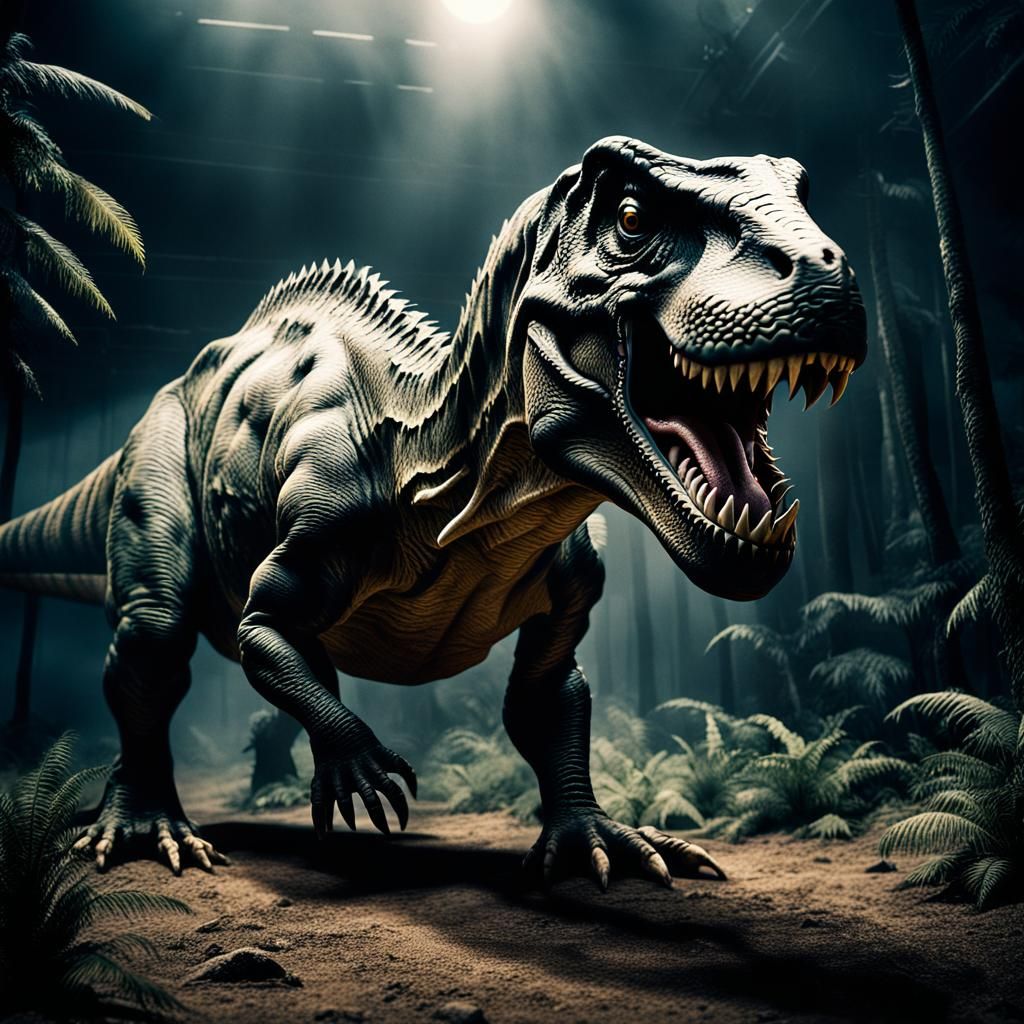 Dramatic Black T-Rex Cinematic Film Still