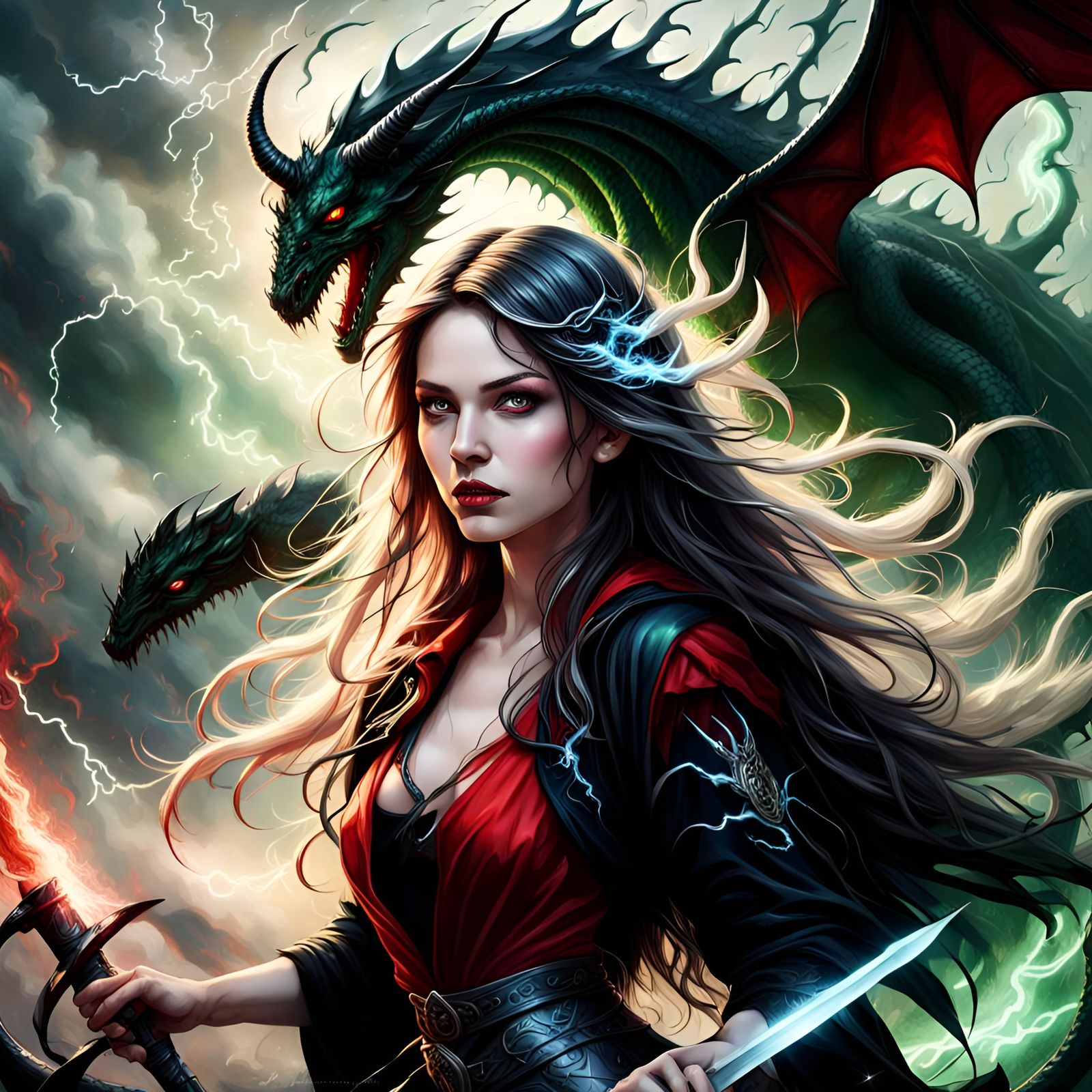 Wind Faerie Battles Dragon in Fantasy Art