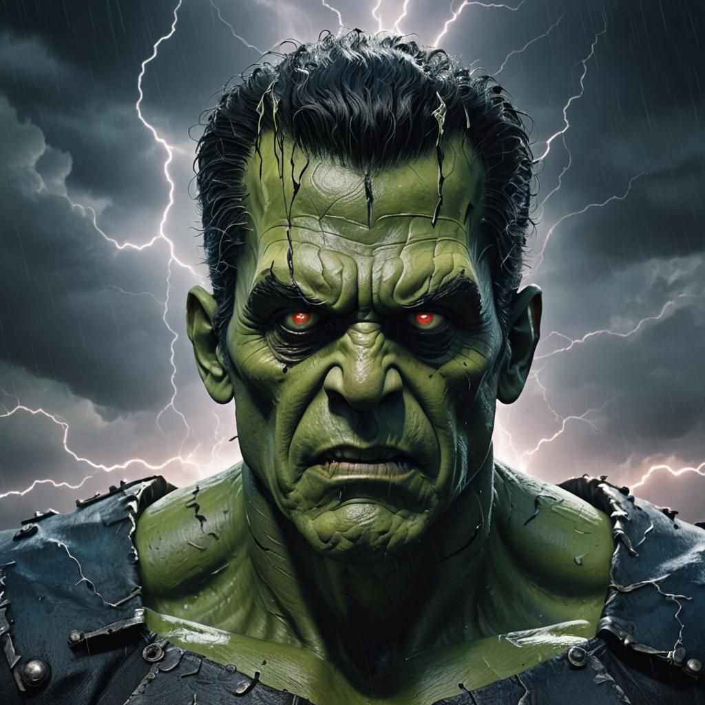 Frankenstein's Monster Portrait in Hyper-Realism Style