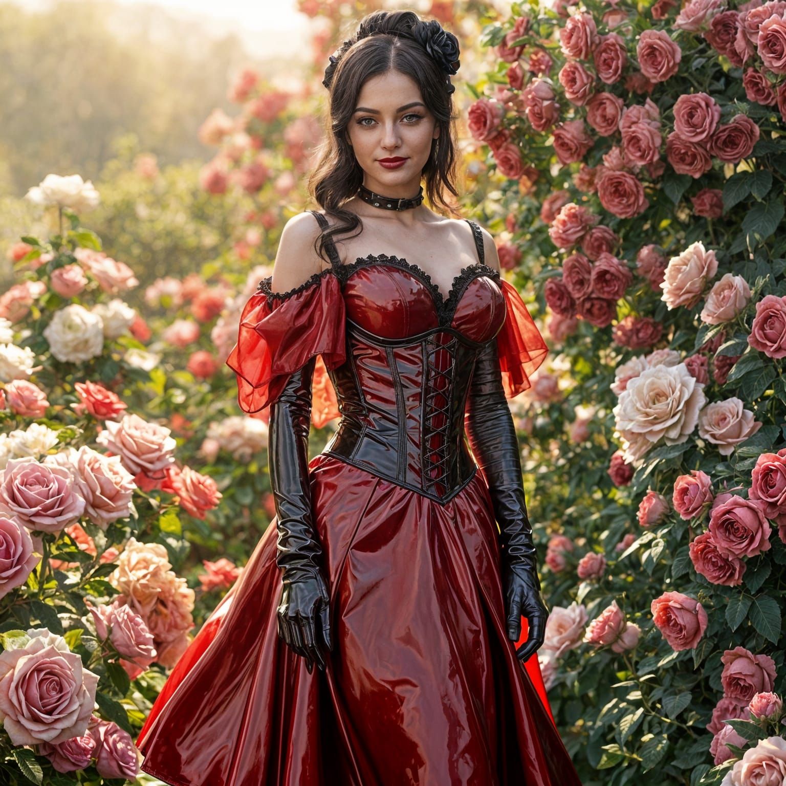 Hyperrealistic Victorian Beauty in a Shimmering Rose Garden