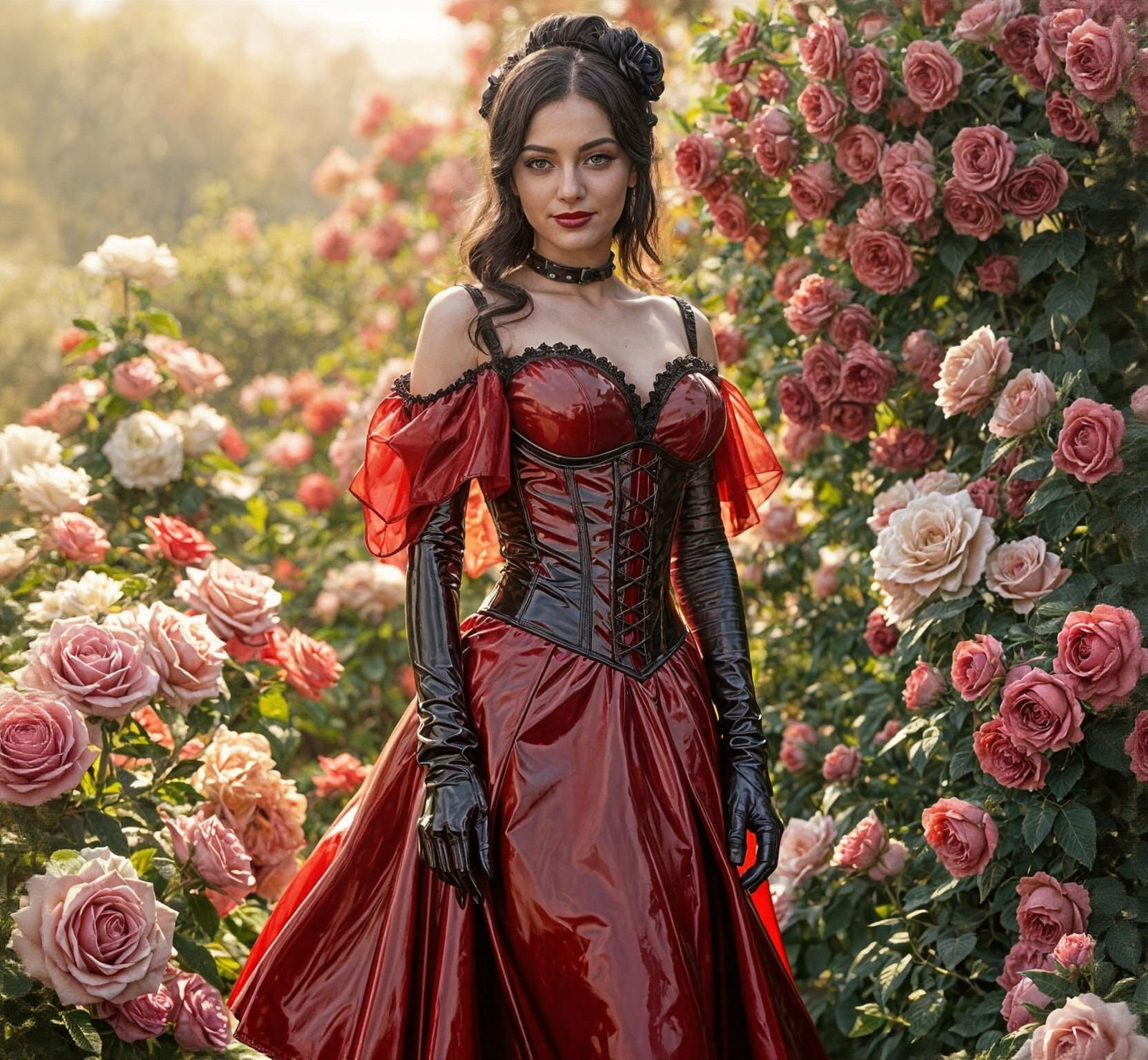 Woman in Shiny Latex Victorian Dress in Rose Garden