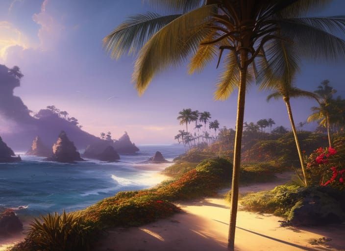 Coastal Sunset Oil Painting in Baroque Style