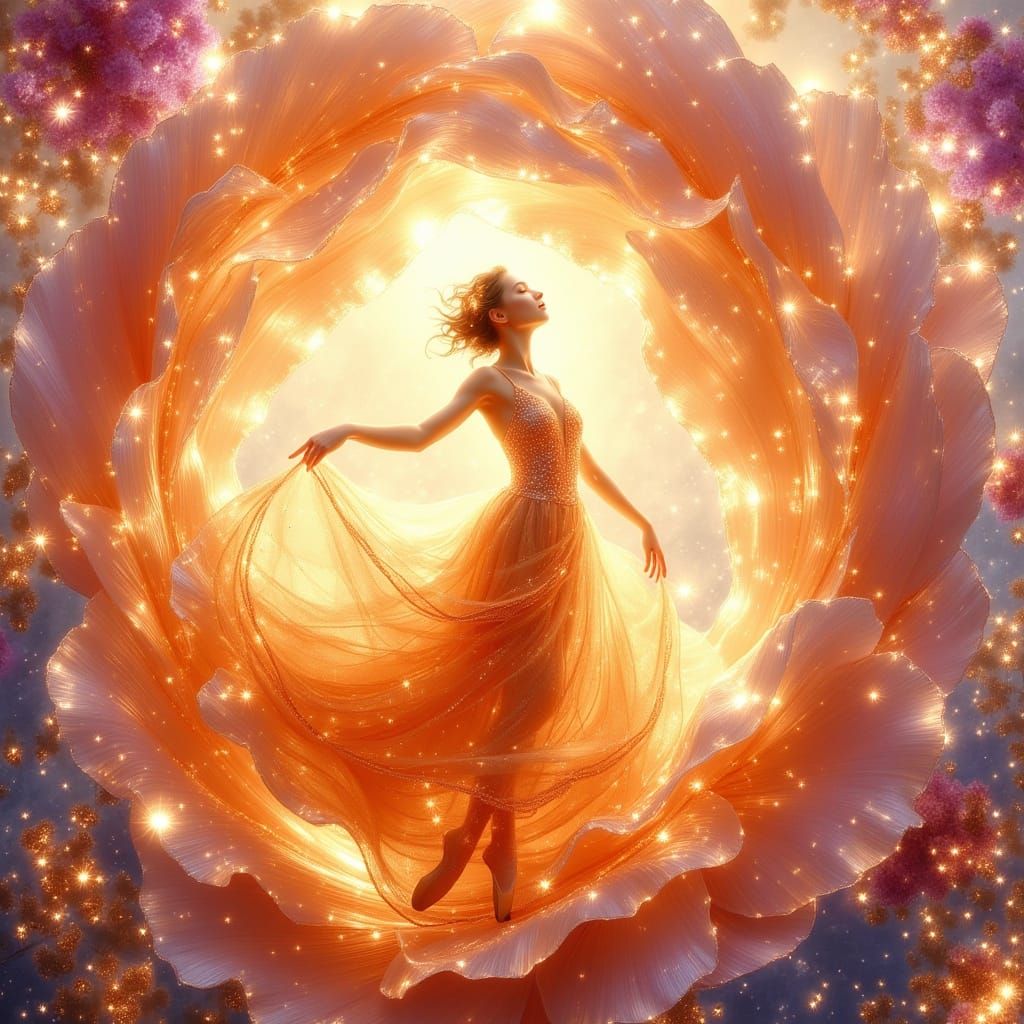 Surreal Dancer Blends with Vibrant Floral Wonderland in Soft...